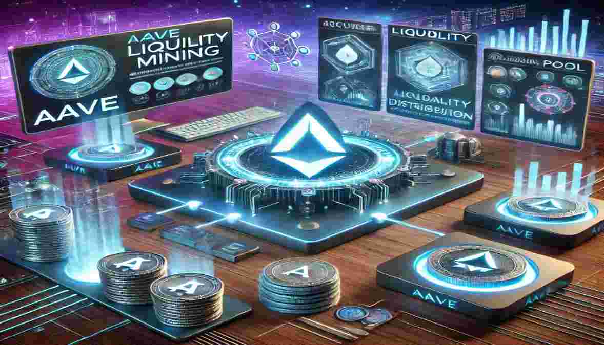 Futuristic digital illustration representing Aave liquidity mining with blockchain technology, liquidity pools, and AAVE token transactions.