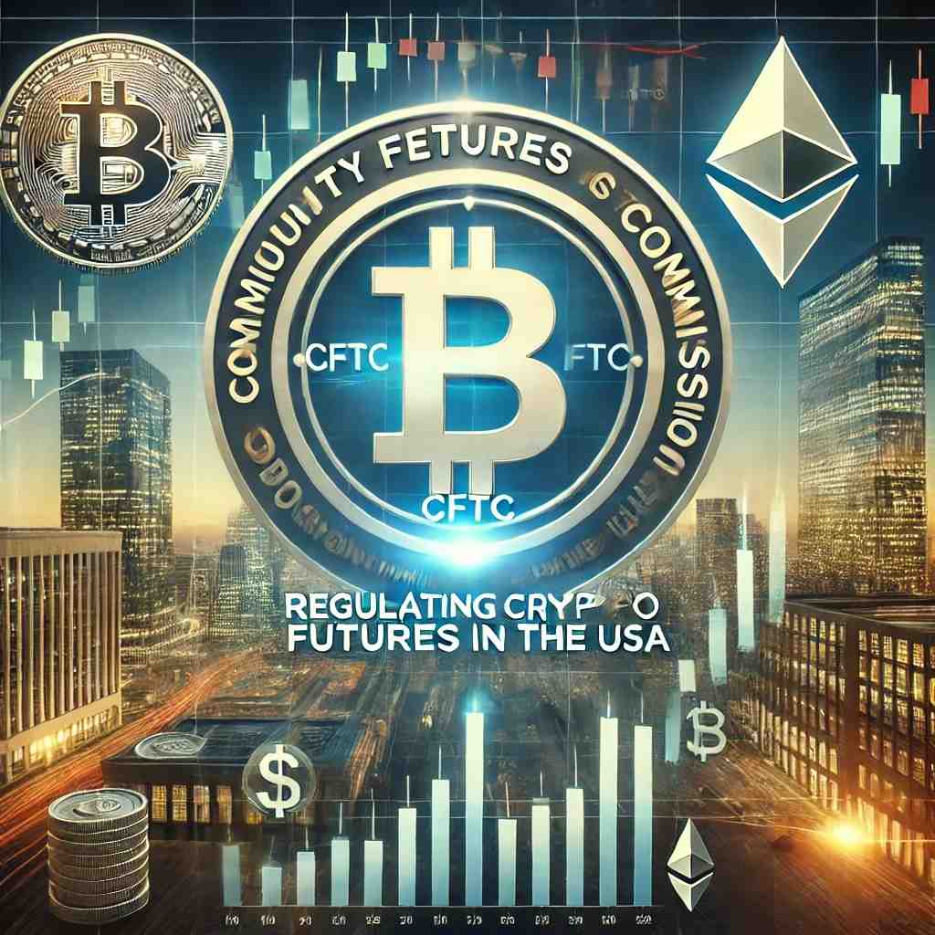 A realistic image illustrating the Commodity Futures Trading Commission (CFTC) regulating cryptocurrency futures in the USA, featuring financial charts, Bitcoin and Ethereum symbols, and a regulatory authority theme.