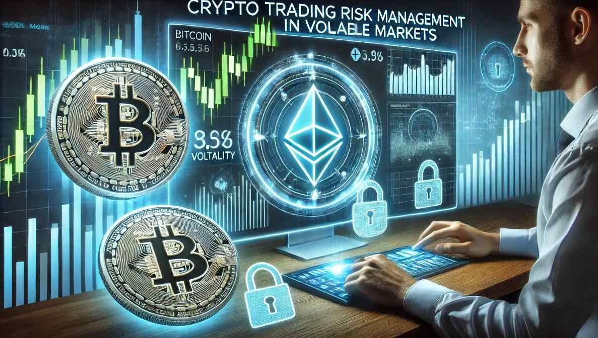 Crypto trading risk management concept featuring Bitcoin, Ethereum, financial charts, and a trader analyzing risk metrics on a digital screen with a secure lock symbol.