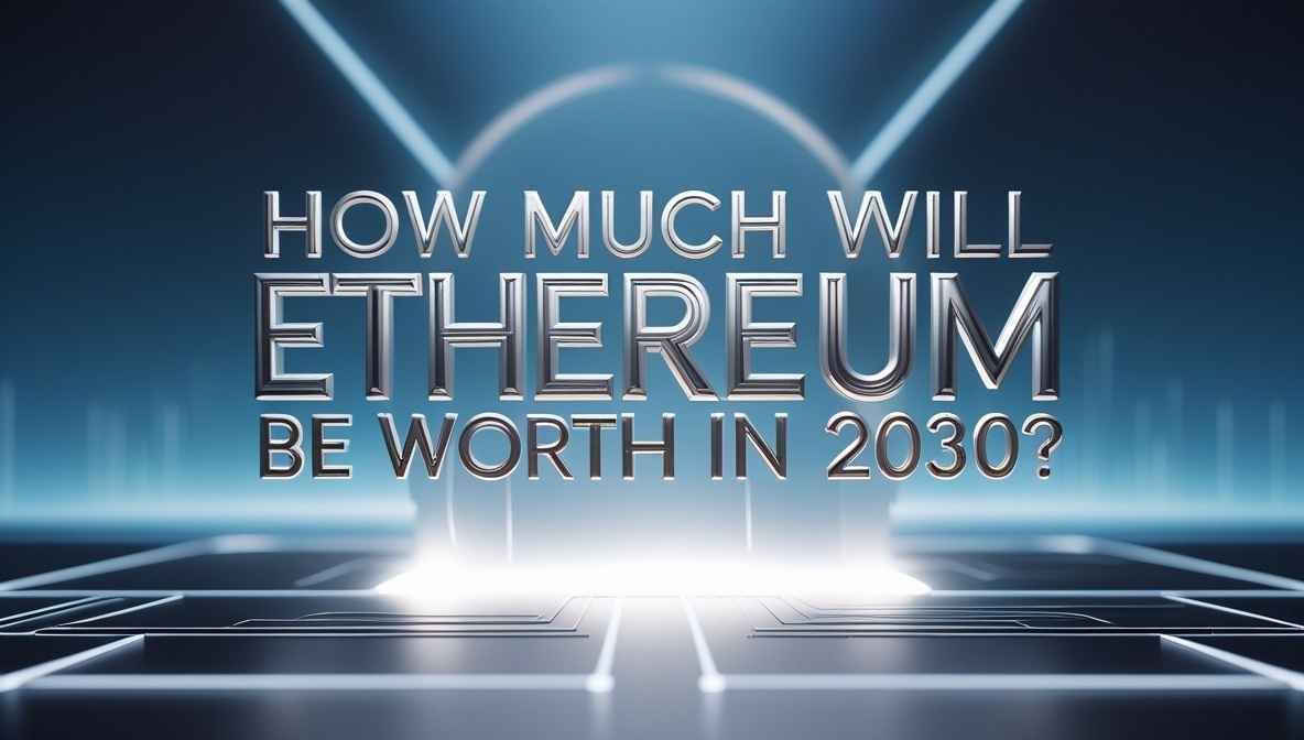 Futuristic digital illustration of Ethereum’s projected growth by 2030, featuring a glowing ETH logo, financial graphs, blockchain data streams, and a high-tech city skyline