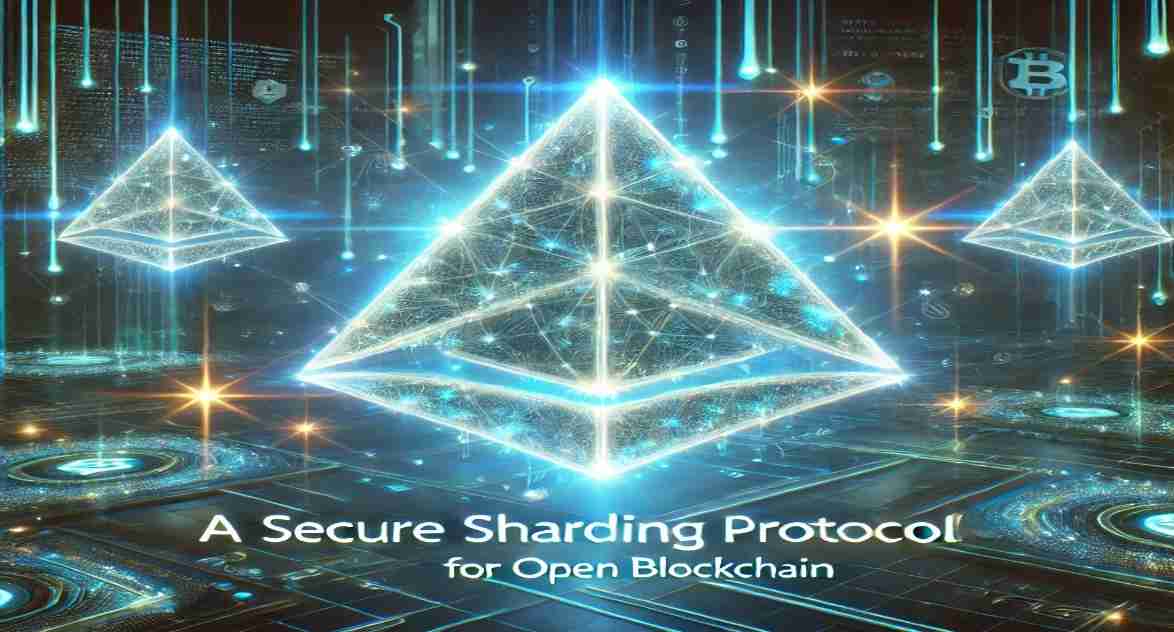 A futuristic digital blockchain network showcasing secure sharding technology, with interconnected glowing shards symbolizing enhanced security and scalability.