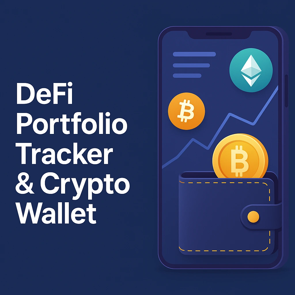 A digital illustration featuring a DeFi portfolio tracker and crypto wallet interface with bold text highlighting 'DeFi Portfolio Tracker & Crypto Wallet