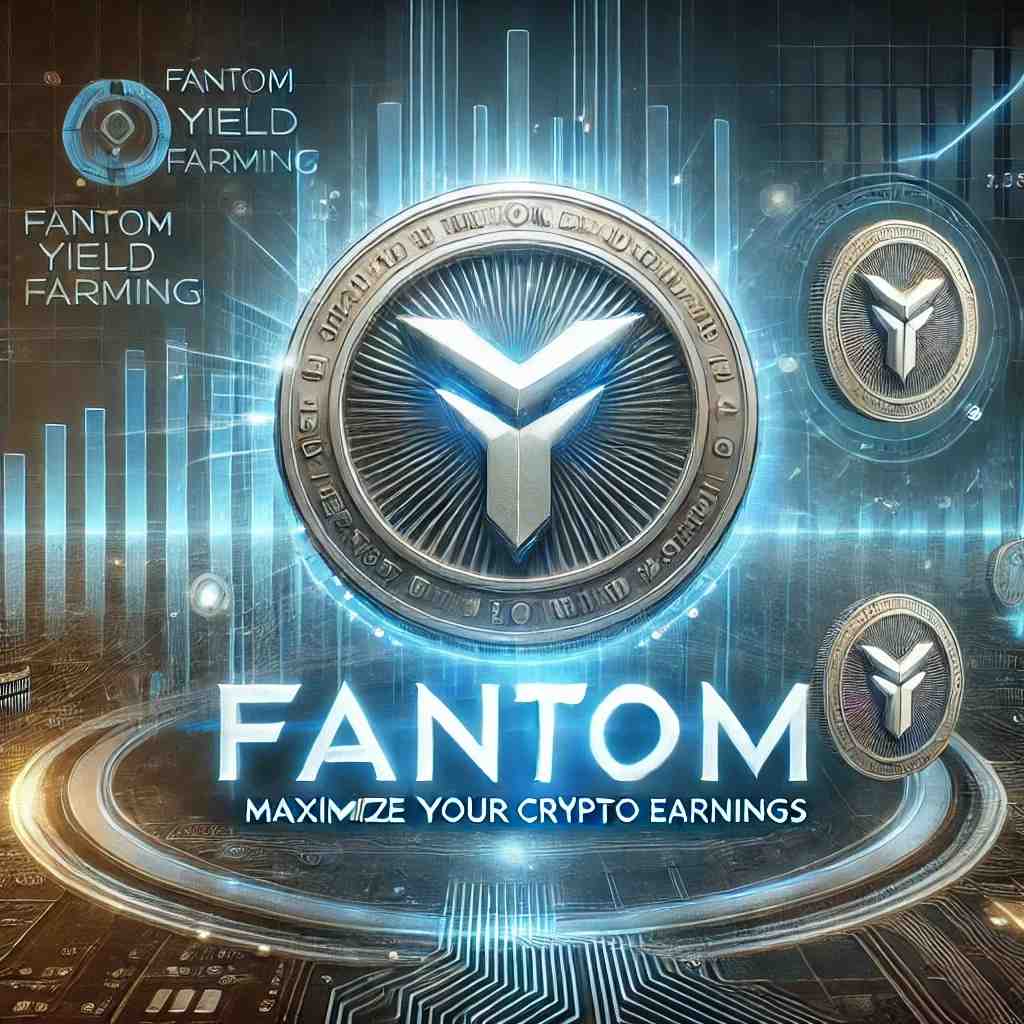 A futuristic digital graphic featuring the Fantom (FTM) cryptocurrency logo with a blockchain-inspired background. The title 'Fantom Yield Farming: Maximize Your Crypto Earnings' is displayed in bold typography, symbolizing growth, investment, and profitability in the DeFi space.