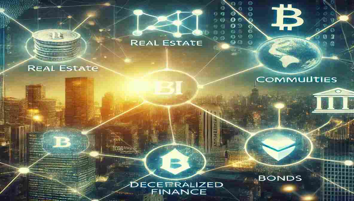 A futuristic financial concept showcasing blockchain integration with real-world assets, including digital tokens representing real estate, commodities, and bonds, connected to a decentralized finance (DeFi) ecosystem.