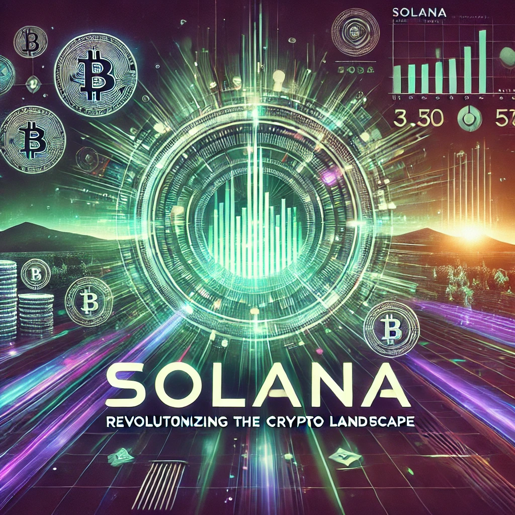 A futuristic digital finance-themed image featuring the text "SOLANA: Revolutionizing the Crypto Landscape" in bold, with a glowing Solana blockchain network, digital assets, and financial charts representing speed and efficiency.