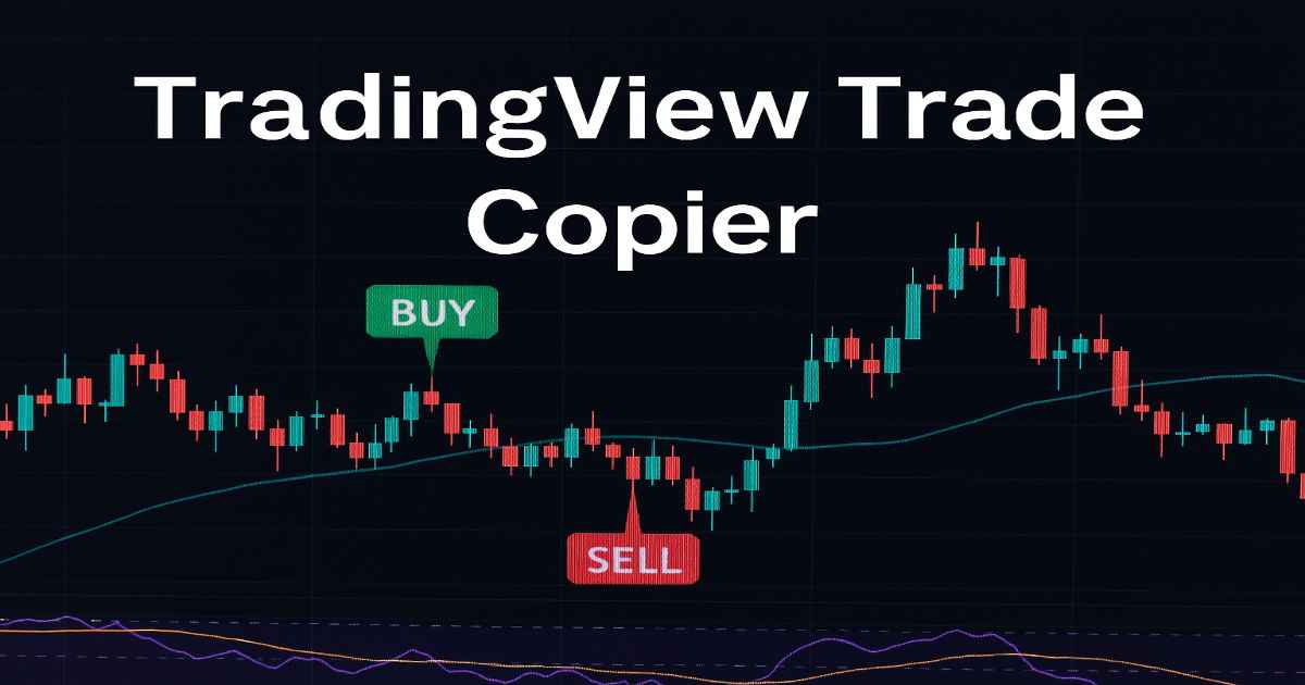 A digital financial chart focusing on TradingView Trade Copier, displaying trading signals, moving averages, RSI indicators, and buy/sell positions for automated trading.