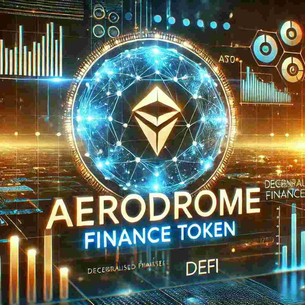 A futuristic digital finance-themed image featuring the text "Aerodrome Finance Token," with a glowing blockchain network, financial charts, and a decentralized finance (DeFi) ecosystem.