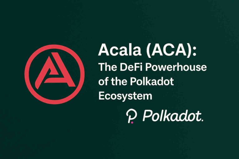 Digital graphic featuring the Acala logo alongside the Polkadot emblem on a dark green textured background, symbolizing robust DeFi solutions