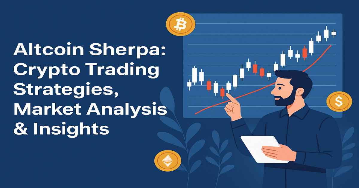 Illustration of a crypto trader examining altcoin price charts, with symbols like Bitcoin and Ethereum, representing market analysis by Altcoin Sherpa