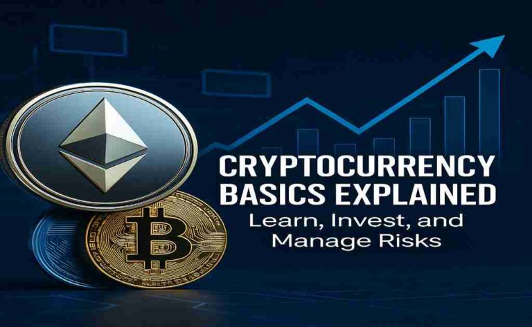 A digital graphic showing cryptocurrency symbols like Bitcoin and Ethereum with blockchain visuals, illustrating digital investing basics.