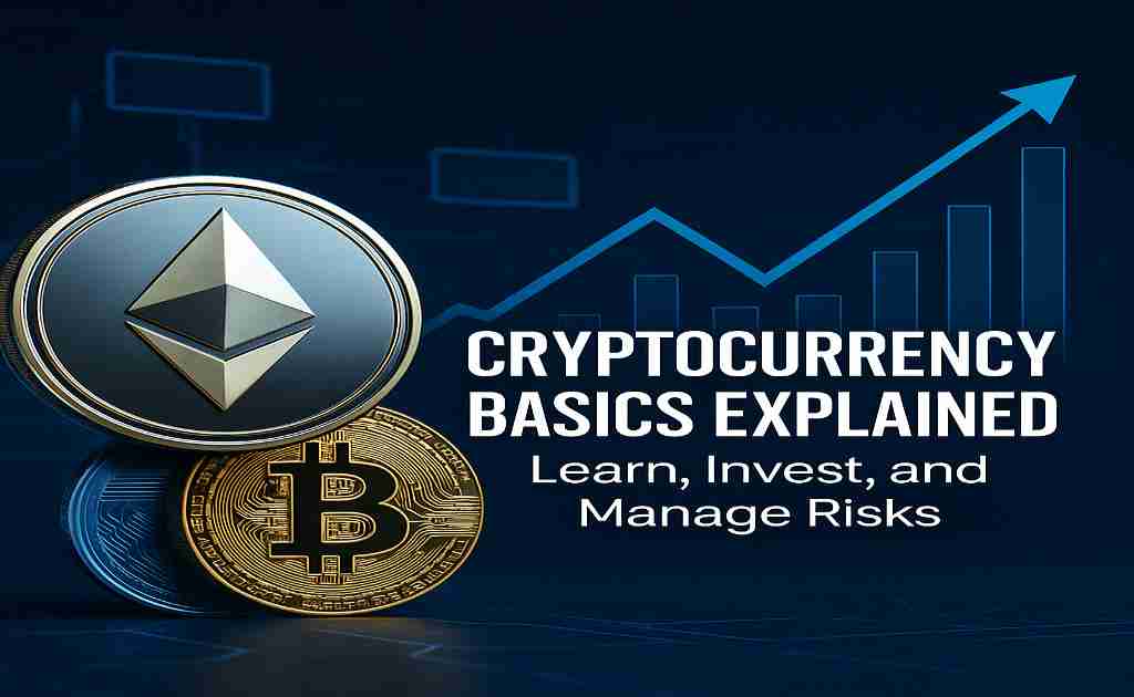 A digital graphic showing cryptocurrency symbols like Bitcoin and Ethereum with blockchain visuals, illustrating digital investing basics.