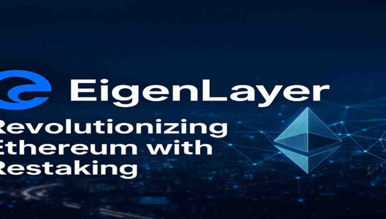 Promotional image featuring EigenLayer logo and Ethereum symbol, highlighting the concept of revolutionizing Ethereum with restaking technology.