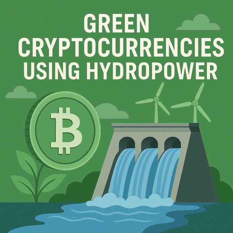 Illustration of green cryptocurrency symbols integrated with hydropower turbines and natural landscapes, representing eco-friendly blockchain technology.