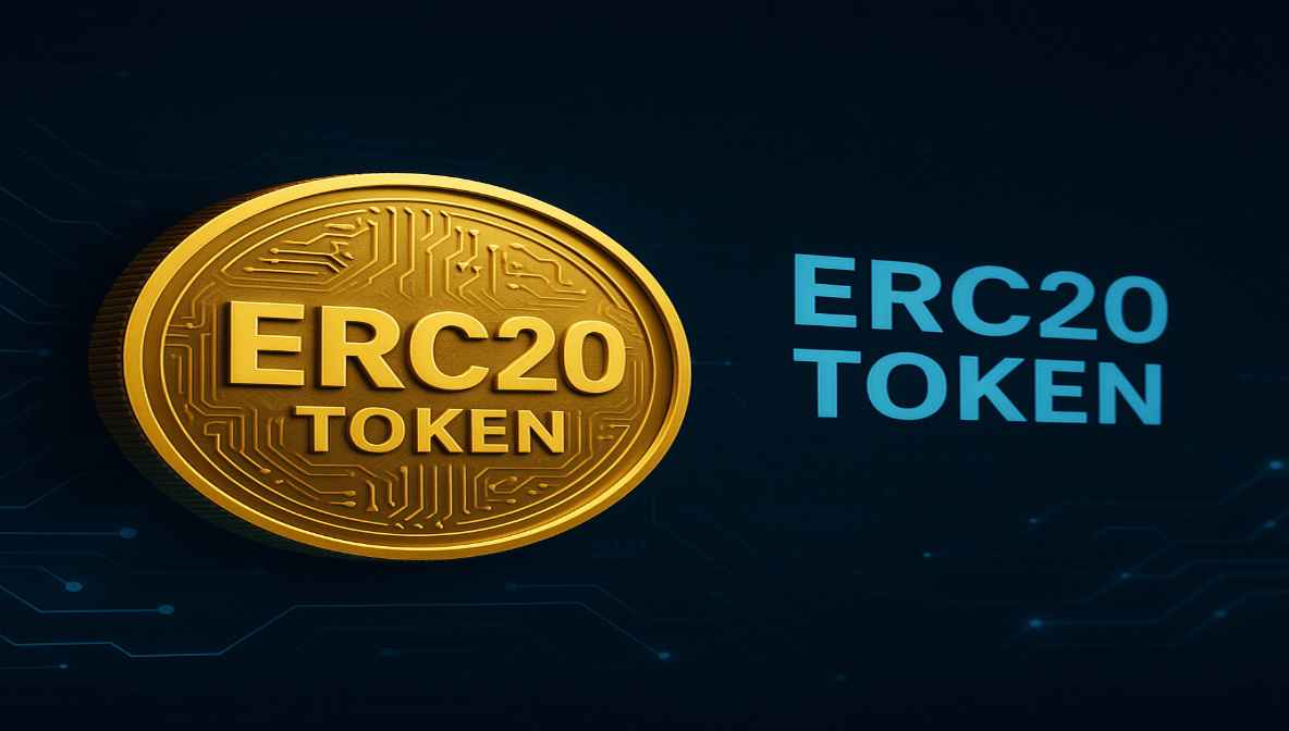 Stake ERC-20 tokens Realistic digital illustration of an ERC20 Token, featuring a golden coin with circuit patterns on a futuristic blockchain background.