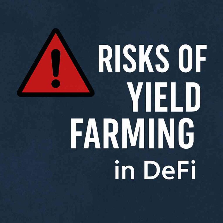 A warning symbol with the title "Risks of Yield Farming in DeFi" on a dark blue background, highlighting the potential dangers in decentralized finance investments.