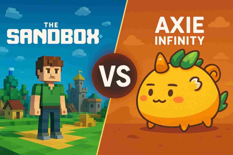 Illustration showing a comparison between The Sandbox virtual world and Axie Infinity play-to-earn battle game, symbolizing blockchain-based gaming platforms.