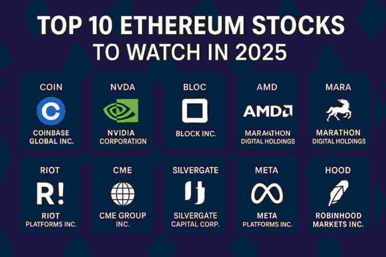 Top 10 Ethereum stocks to watch in 2025 featuring Coinbase, NVIDIA, Block, AMD, Marathon, Riot, CME, Silvergate, Meta, and Robinhood