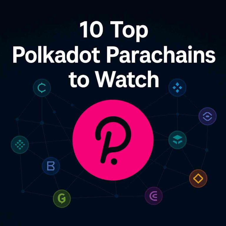 Illustration of interconnected parachain logos surrounding the Polkadot logo with the title “10 Top Polkadot Parachains to Watch
