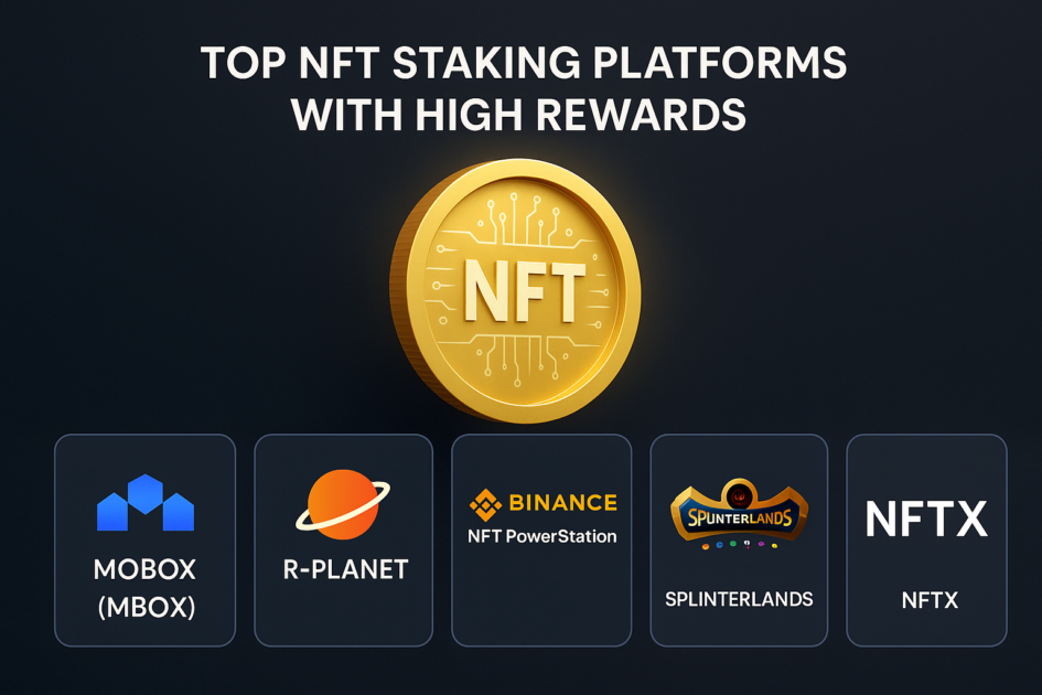 Realistic digital graphic showcasing the top NFT staking platforms with high rewards in 2025—MOBOX, R-Planet, Binance NFT PowerStation, Splinterlands, and NFTX.