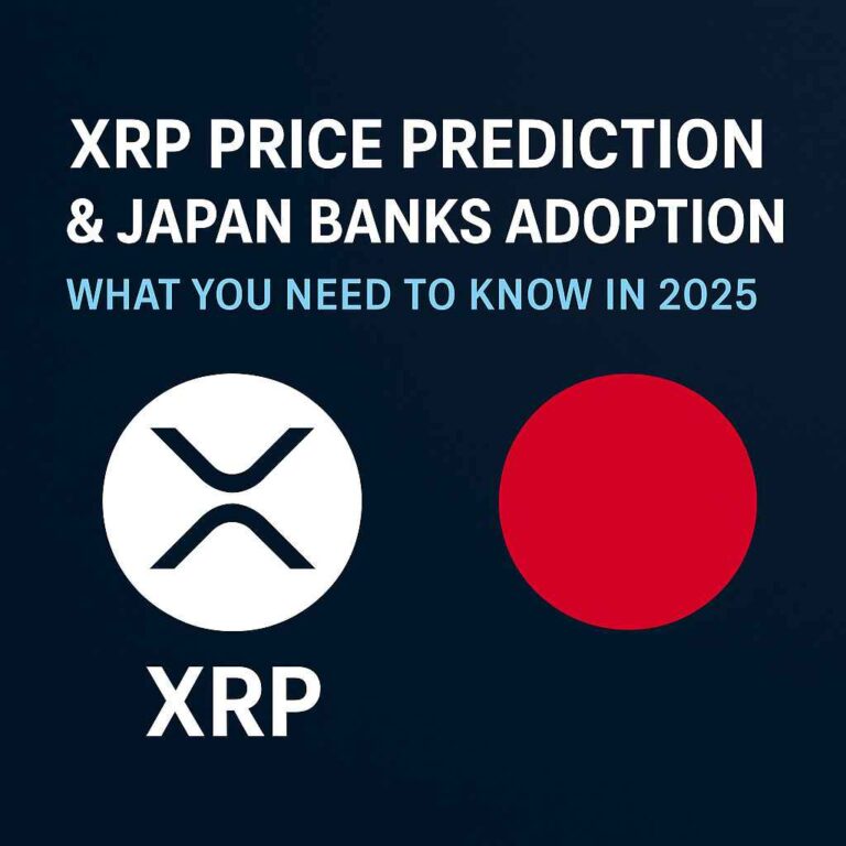 Digital graphic showing XRP price prediction and adoption by Japanese banks in 2025 with XRP logo and Japanese flag.