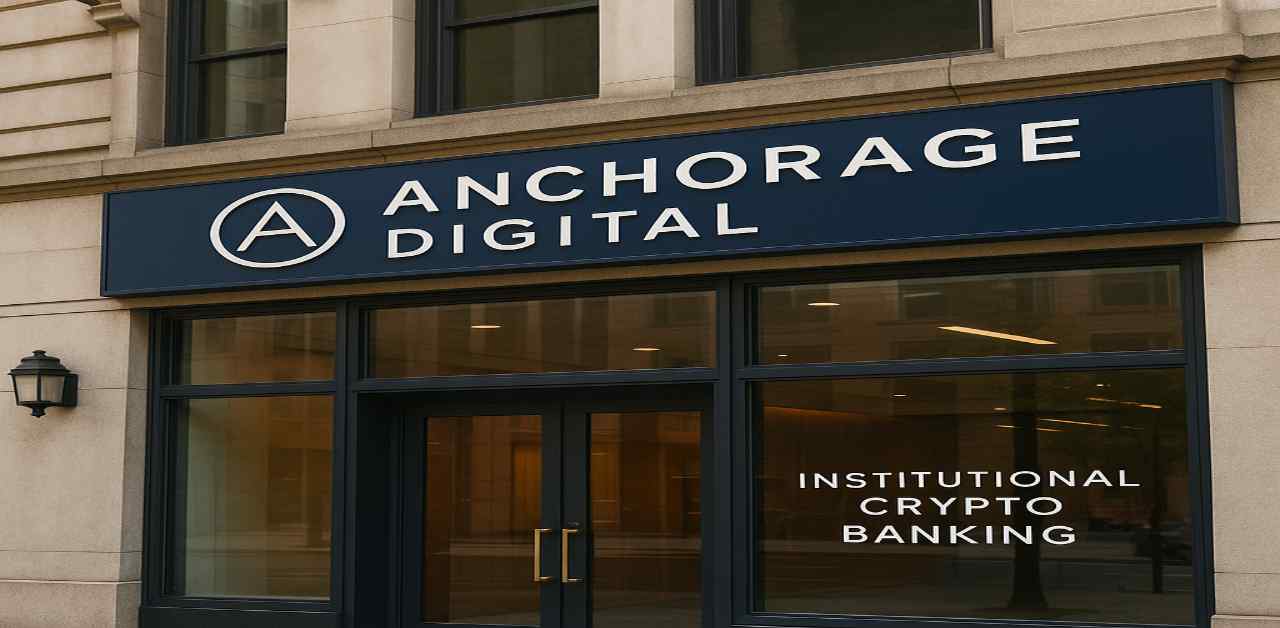 Anchorage Digital institutional crypto banking office with modern signage and secure entrance.