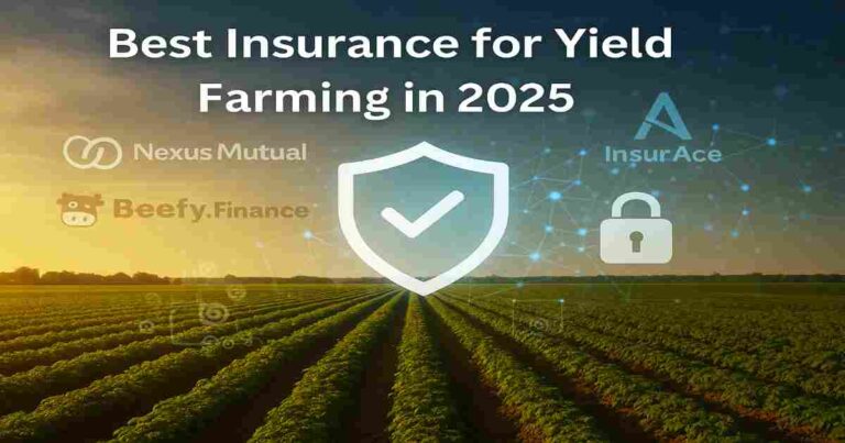 A digitally blended image of a green farm field with DeFi insurance icons like Nexus Mutual, Beefy Finance, and InsurAce representing yield farming protection.