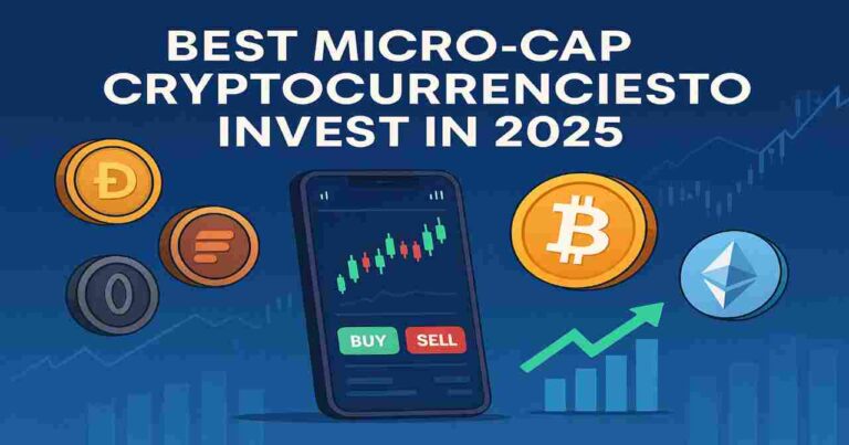 Digital crypto showcase featuring small-cap coins, mobile trading app, and bullish growth chart representing top micro-cap cryptocurrencies in 2025