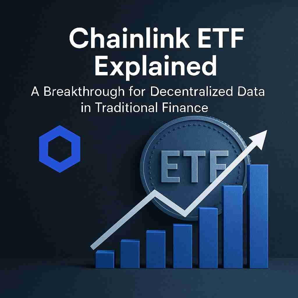 Realistic featured image showing the Chainlink logo, ETF coin, upward-trending bar graph, and the title 'Chainlink ETF Explained: A Breakthrough for Decentralized Data in Traditional Finance.