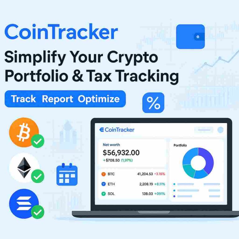 A visual representation of CoinTracker’s crypto portfolio dashboard with real-time charts, token icons, and tax reporting features.”
