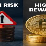 A split image showing 'High Risk' with a red warning sign on copper coins and 'High Reward' with a golden Bitcoin atop gold coins, symbolizing crypto investment risks and returns.