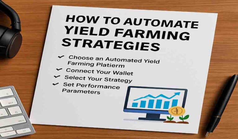 Printed guide titled ‘How to Automate Yield Farming Strategies’ with checklist and icons on a wooden desk alongside headphones, keyboard, and pen.”