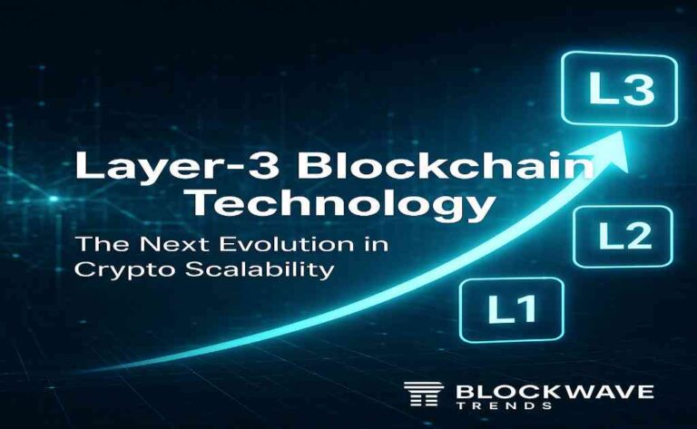 Layer-3 blockchain technology illustration showing L1, L2, L3 progression with glowing arrow, futuristic network background, and Blockwave Trends logo.”