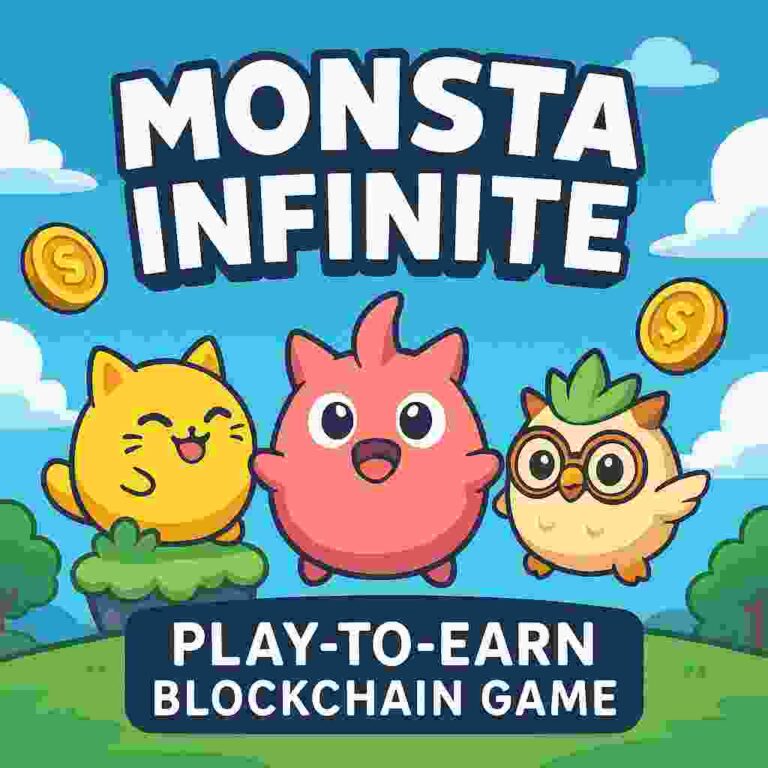 Colorful 2D illustration of Monsta Infinite characters with gold coins, blue sky, and text “Play-to-Earn Blockchain Game.”