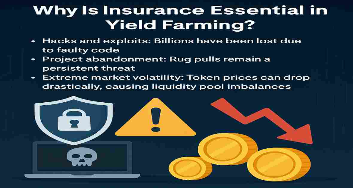 Illustration showing risks in yield farming like hacking, rug pulls, and market volatility with icons of a lock, warning sign, coins, and downward arrow.