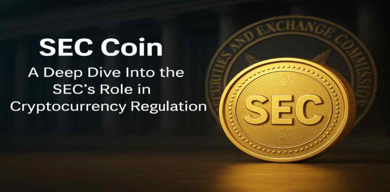 A digital illustration of a golden SEC coin placed in front of a blurred U.S. Securities and Exchange Commission seal, representing cryptocurrency regulation.