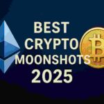 Ethereum and Bitcoin logos with the text “Best Crypto Moonshots 2025” on a starry digital background.