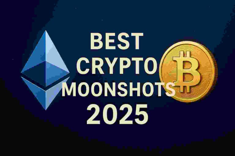 Ethereum and Bitcoin logos with the text “Best Crypto Moonshots 2025” on a starry digital background.