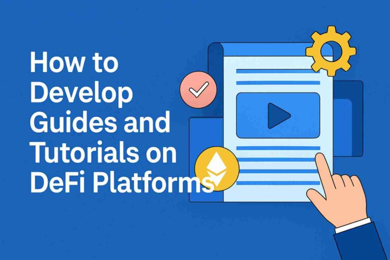 Visual guide for creating tutorials on DeFi platforms, featuring Ethereum symbol, gear icon, and interactive play button.