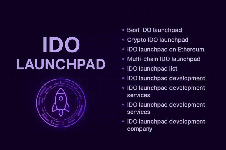 IDO Launchpad infographic showcasing key topics like best platforms, Ethereum-based IDOs, multi-chain support, and development services.