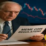 SEC official analyzing meme coin SEC statement for upcoming crypto regulations, with Dogecoin in the background.