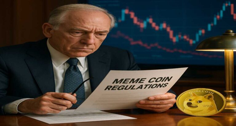 SEC official analyzing meme coin SEC statement for upcoming crypto regulations, with Dogecoin in the background.