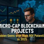 Investor researching top micro-cap blockchain projects for 2025 with rising crypto charts on screen.
