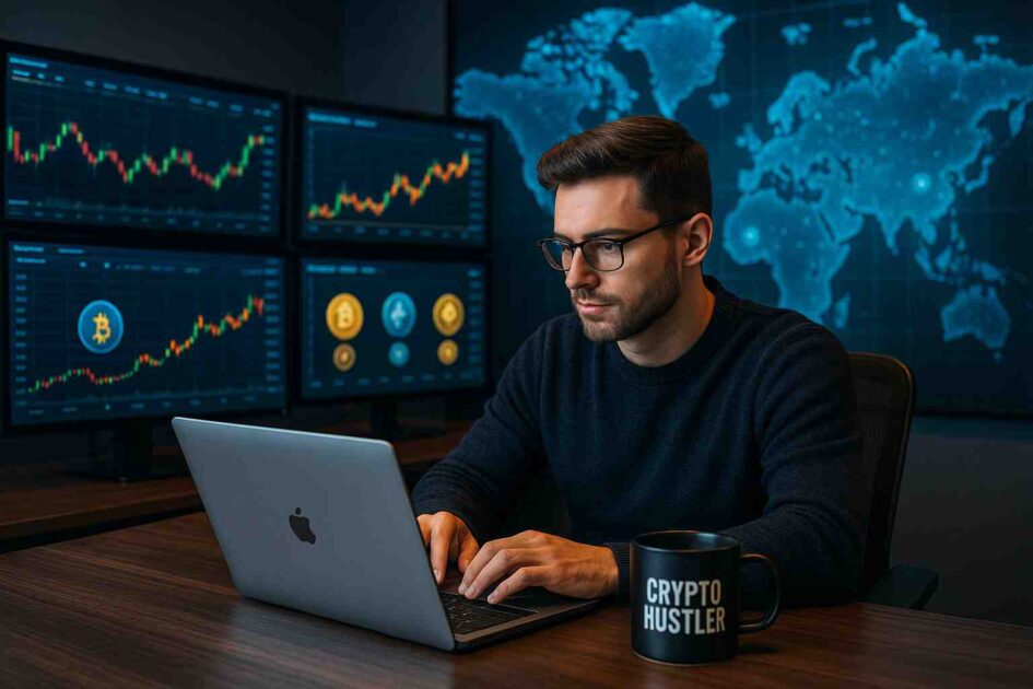 “Investor researching top micro-cap blockchain projects for 2025 with rising crypto charts on screen.