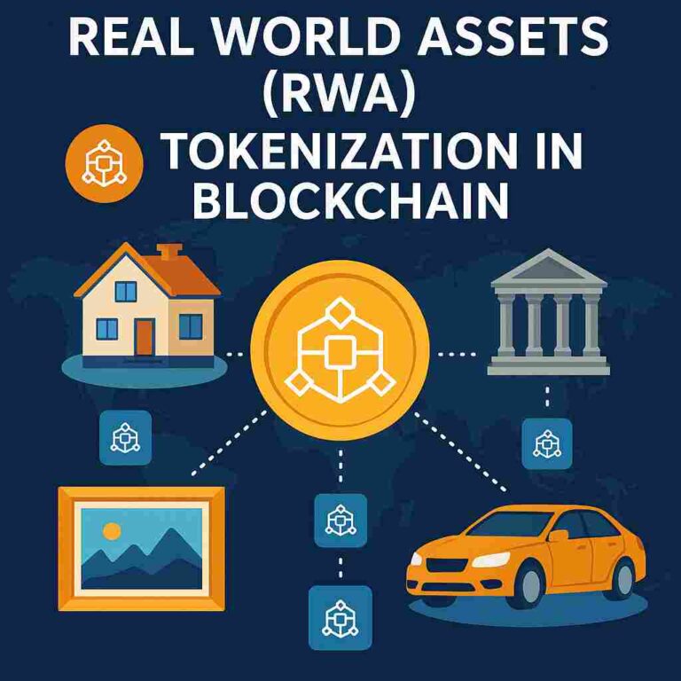 Illustration showing Real World Assets (RWA) tokenization on blockchain, featuring icons of a house, bank, car, and painting connected to a blockchain token.