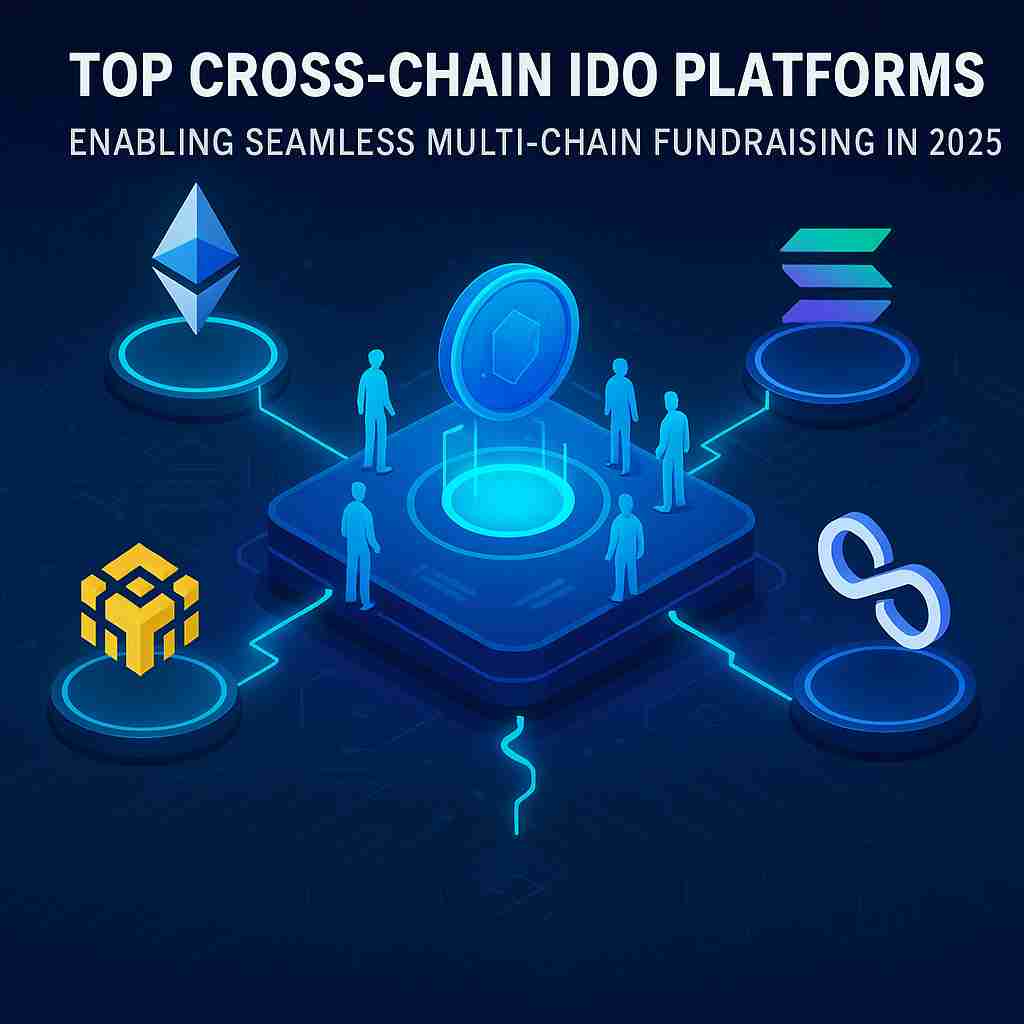 Cross-chain IDO platforms illustration with Ethereum, BNB Chain, Solana, and Polygon support for decentralized fundraising”