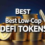 Stacks of golden cryptocurrency coins symbolizing the best low-cap DeFi tokens against a dark blue background with bold text "Best Low-Cap DeFi Tokens