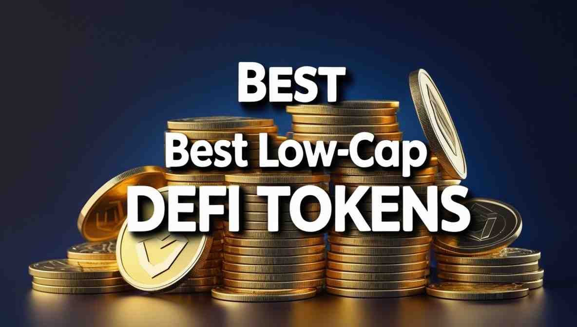 Stacks of golden cryptocurrency coins symbolizing the best low-cap DeFi tokens against a dark blue background with bold text "Best Low-Cap DeFi Tokens