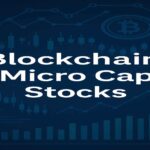 Digital graphic titled 'Blockchain Micro Cap Stocks' with blockchain charts, Bitcoin symbol, and financial data in the background.