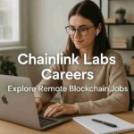 A woman working remotely on a laptop in a modern home office, representing Chainlink Labs careers in blockchain and Web3.