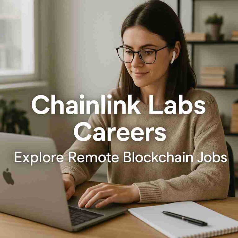 A woman working remotely on a laptop in a modern home office, representing Chainlink Labs careers in blockchain and Web3.